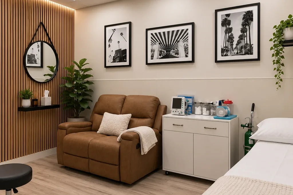 Private recovery room with reclining chair and monitoring cart